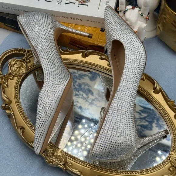 🆕 BLACK SUEDE STUDIO 🧿 NWOB White Satin Ribbon Rhinestone Heels, Sz 37 US 6.5 - Picture 14 of 16